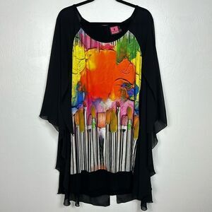 Simon Chang Dress Circle Vintage Sheer Overlay Printed Front Tunic Size XL